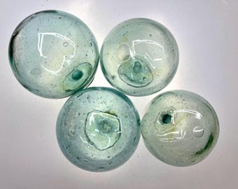Set of 4 Japanese Glass Fishing Floats, Authentic, Swirls, Sasa Mark