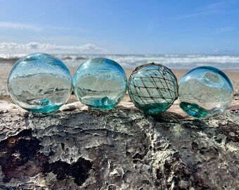 Set of 4 Japanese Glass Fishing Floats, Shades of Blue, Original Net