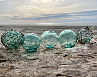 Collection of 5 Japanese Glass Fishing Floats, Authentic, Shades of Teal, Original Nets