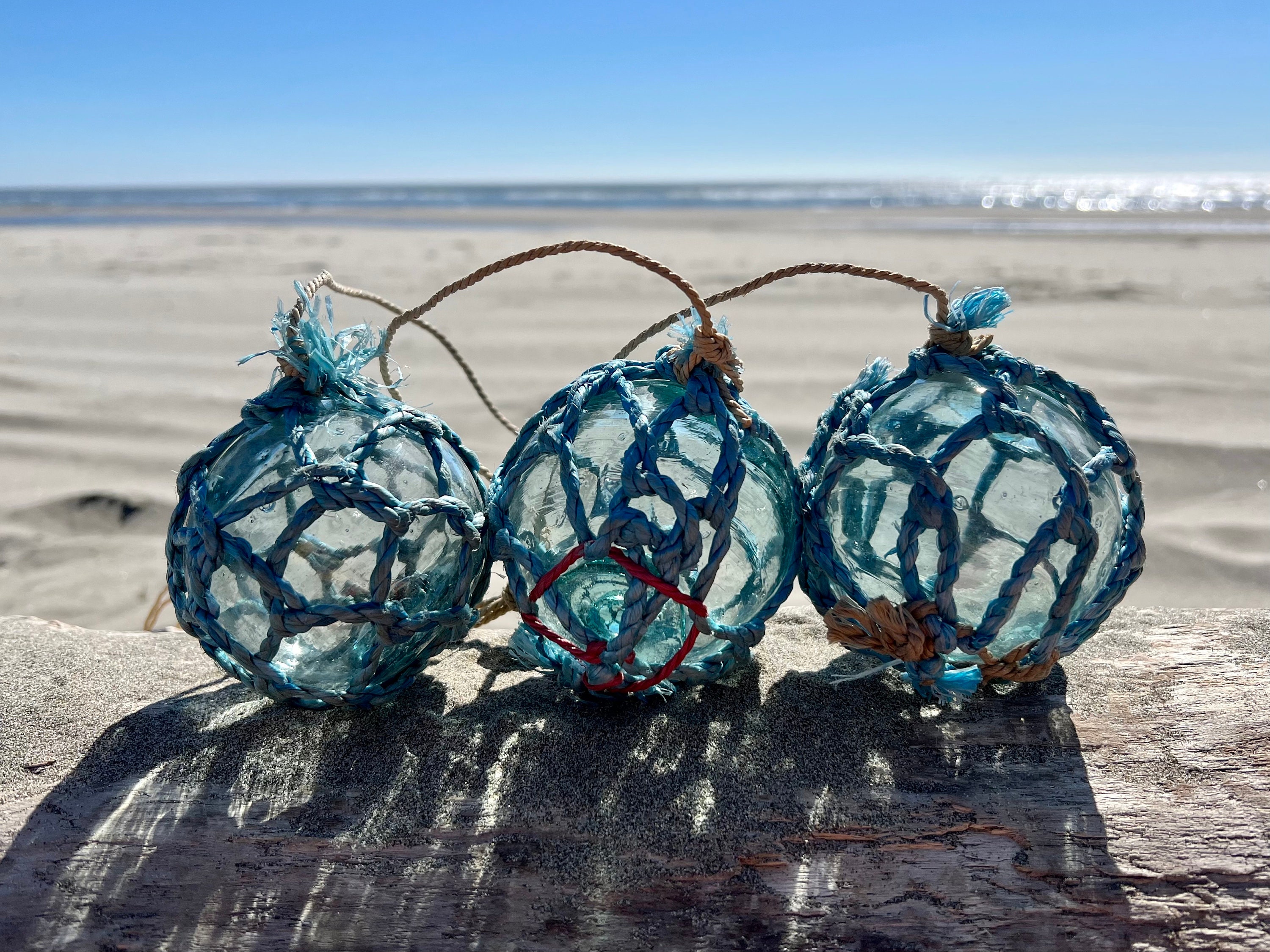 Set of 3 Japanese Glass Fishing Floats, Original Nets