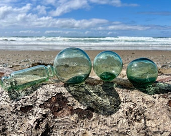 Set of 4 Japanese Glass Fishing Floats, Authentic, Shades of Green, Octopus Roller, Mark