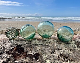 Set of 4 Japanese Glass Fishing Floats, Authentic, Original Net