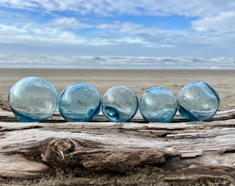 Set of 5 Japanese Glass Fishing Floats, Authentic, Shades of Blue