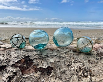 Set of 4 Japanese Glass Fishing Floats, Authentic, Original Nets, Octopus