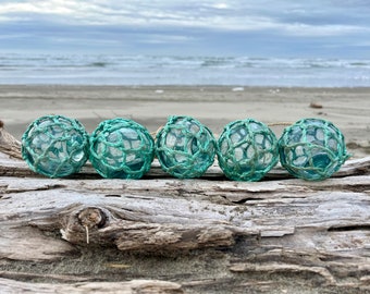 Collection of 5 Japanese Glass Fishing Floats, Original Nets