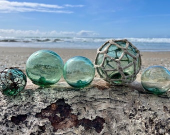 Collection of 5 Japanese Glass Fishing Floats, Authentic, Original Nets