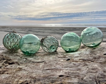 Collection of 5 Japanese Glass Fishing Floats, Authentic, Shades of Green, Original Nets