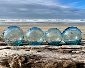 Set of 4 Japanese Glass Fishing Floats, Shades of Blue