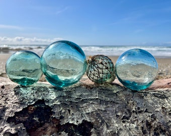 Set of 4 Japanese Glass Fishing Floats, Authentic, Original Net