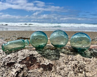 Set of 4 Japanese Glass Fishing Floats, Authentic, Octopus Roller, Marks