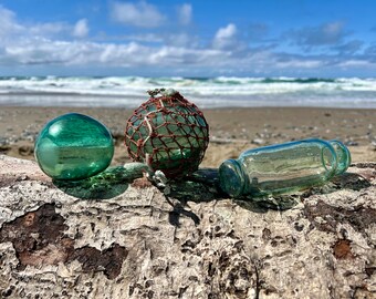 Set of 3 Japanese Glass Fishing Floats, Authentic, Original Net, Octopus Roller