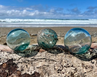 Set of 3 Japanese Glass Fishing Floats, Original Net