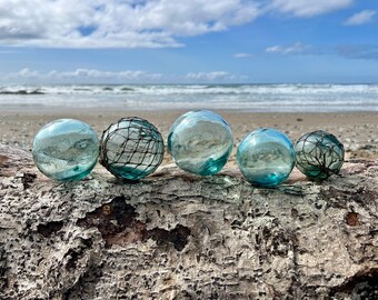 Collection of 5 Japanese Glass Fishing Floats, Authentic, Shades of Teal, Original Nets