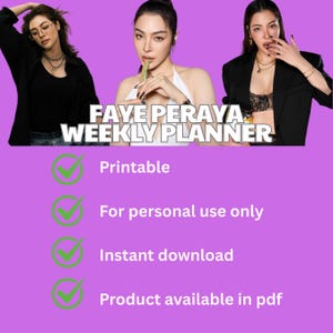 Op de afbeelding: Een roze achtergrond met een checklist van functies voor een afdrukbare weekplanner. De checklist bevat: Afdrukbaar, Alleen voor persoonlijk gebruik, Direct downloaden, Product beschikbaar in pdf. De tekst "Faye Peraya Weekly Planner" staat bovenaan de afbeelding.