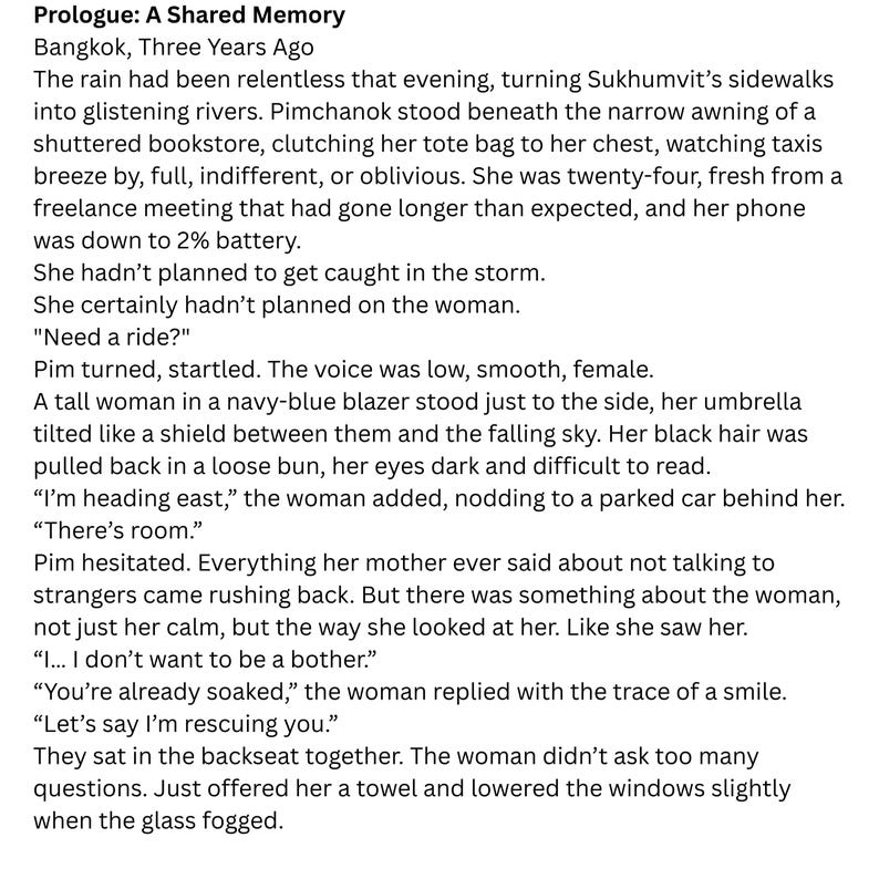 May include: A book excerpt titled "Prologue: A Shared Memory" set in Bangkok. The text describes a rainy evening, a woman in a navy-blue blazer, and a chance encounter. The excerpt is from a book.