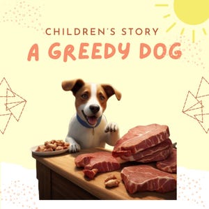 Puede incluir: Una ilustración para una historia infantil que muestra un perro de dibujos animados con un collar azul mirando un montón de carne cruda sobre una mesa de madera. El título "A GREEDY DOG" está escrito en letras grandes de color naranja sobre el perro.