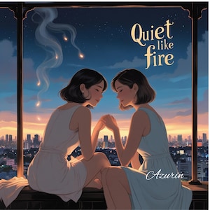 May include: An illustration of two women holding hands, seated on a ledge overlooking a cityscape at dusk. The sky transitions from orange to blue, with the text "Quiet like fire" and the name "Azurin" in the image.