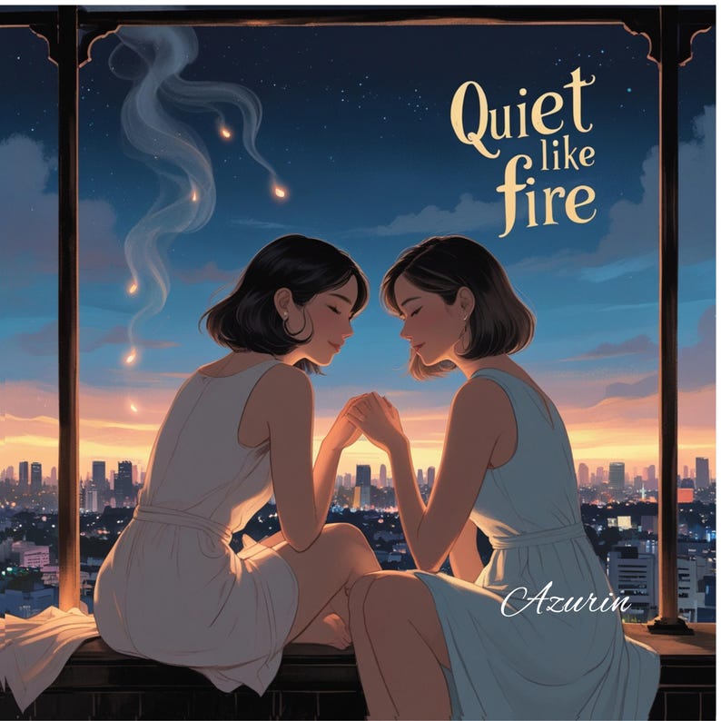 May include: An illustration of two women holding hands, seated on a ledge overlooking a cityscape at dusk. The sky transitions from orange to blue, with the text "Quiet like fire" and the name "Azurin" in the image.