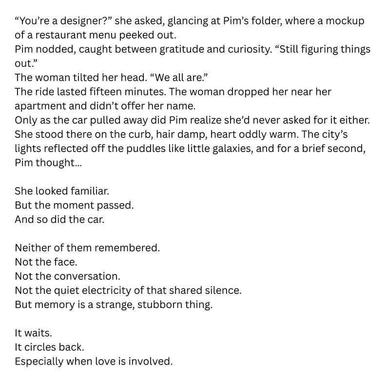 May include: A novel excerpt with dialogue and descriptive text. The text includes phrases such as "You're a designer?" and "Still figuring things out." The excerpt describes a scene with a car, a restaurant menu, and reflections in puddles.