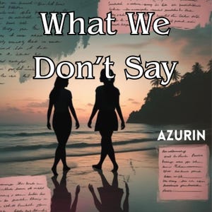Pode incluir: Imagem artística com duas silhuetas caminhando em uma praia ao pôr do sol. As palavras "What We Don't Say" são exibidas em texto branco. O nome do artista, "AZURIN", é visível no canto inferior direito.