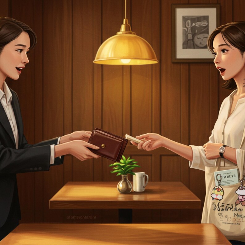 May include: An illustration of two people at a cafe, one handing a brown wallet to the other, who is passing a bill. The scene includes a wooden table, a golden pendant light, and a framed picture on a wood-panelled wall. A small plant and a mug are on the table.