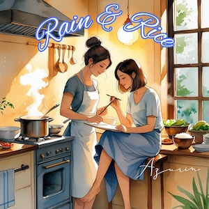 Op de afbeelding: Waterverfillustratie van twee vrouwen in een keuken. Eén draagt een schort en de ander zit, beiden kijken naar een notitieblok. Een pan stoomt op het fornuis. De tekst "Rain & Rice" staat erboven.