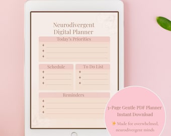 Neurodivergent digitalt planerarpaket, 3 mjuka utskrivbara sidor för ADHD och autistiska vuxna, daglig layout, humörspårare, energikontroll