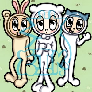 May include: Illustration of three cartoon characters in animal costumes: a bunny, a bear, and a cat. The bunny is tan, the bear is white, and the cat is white with a blue hat. They are on a light green background with small floral accents.