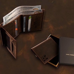 Cartera de cuero de lujo de tres pliegues para hombre, cartera personalizada con iniciales grabadas con monograma, cartera personalizada para hombre