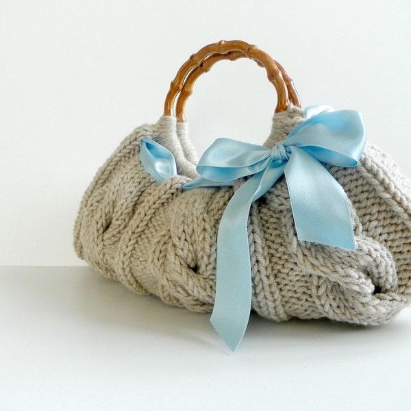 Tricot sac à main sac à main, mode pour femmes automne automne, petit NzLbags tricoté Handbag - noeud de ruban bleu Beige sac, idée de cadeau de Noël, naturel