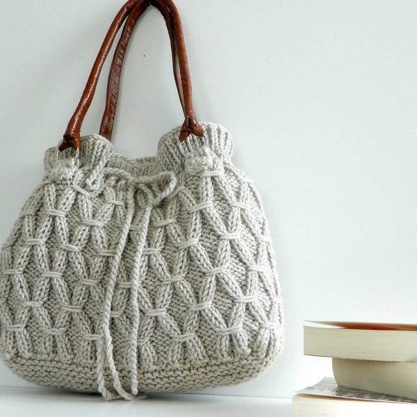 Bag, NzLbags - Beige-Ecru Knitted Bag, Handbag - Shoulder Bag, Leather Strap