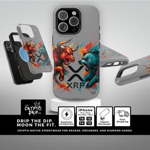 May include: A gray iPhone case with a colorful design featuring a red bull and a blue bear fighting. The case has the word "XRP" printed on it. The case is compatible with MagSafe.