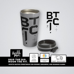 Bitcoin Stainless Steel Mug Modern Minimalist Bitcoin Logo and Pick Axe Travel Mug for Cryptocurrency Enthusiasts Bitcoin Gift Coffee Cup