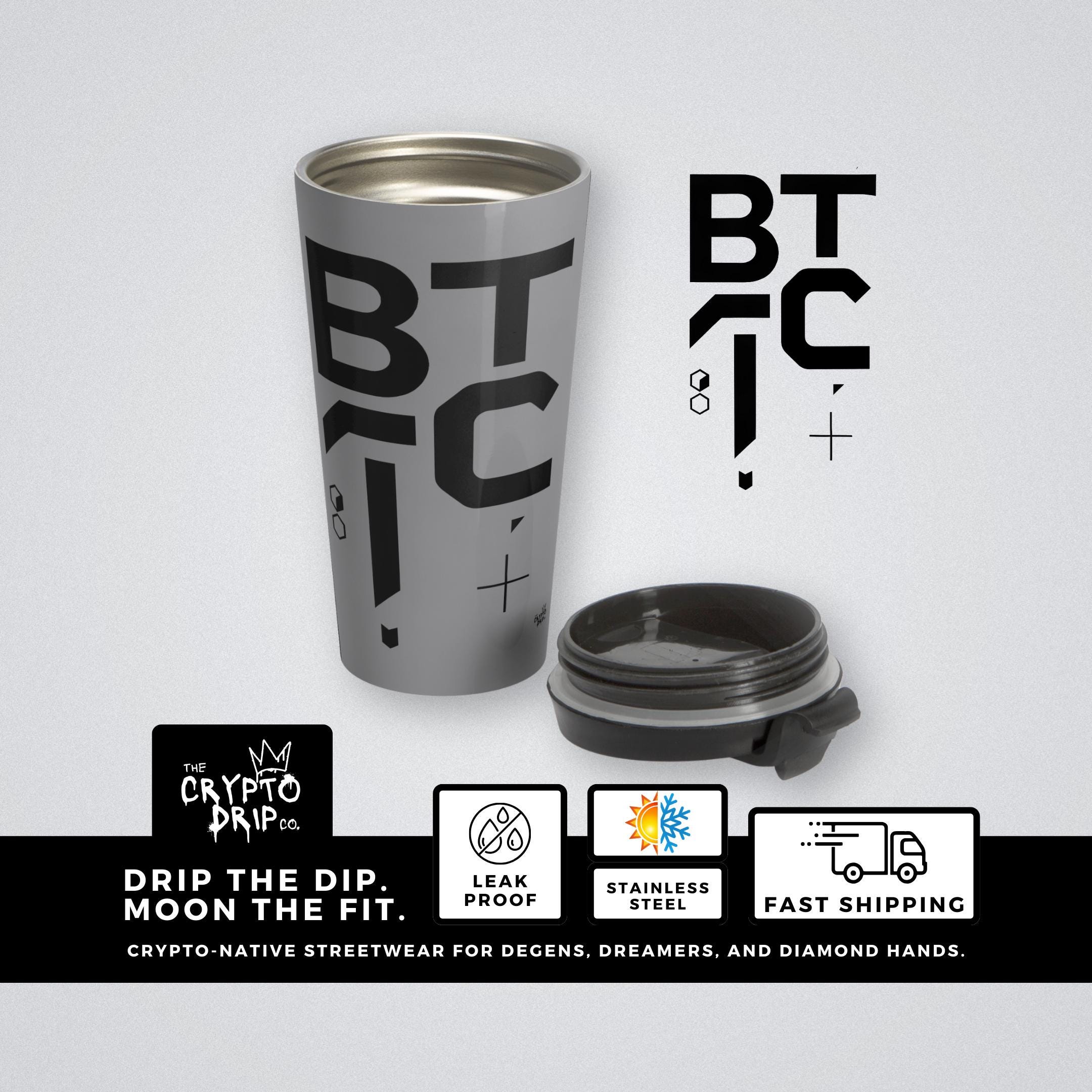 ビットコインステンレスマグカップ  モダンミニマリストなビットコインロゴとピッケルがデザインされたトラベルマグ。暗号通貨愛好家のためのビットコインギフトコーヒーカップ。