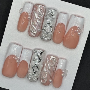 Long Square WHITE French Tip PEARL Finish Silver Lace Up Design Bow Charms HANDMADE Press On Nails