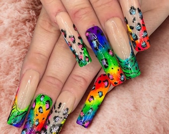 Long Square NEON 90’s Rainbow French Tip Design Zebra Cheetah Print Lisa Frank Inspired HANDMADE Press On Nails