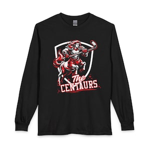 May include: Black long-sleeve shirt featuring a red and white illustration of a centaur playing hockey. The centaur is holding a hockey stick and is set against a white shield with the text "The Centaurs".