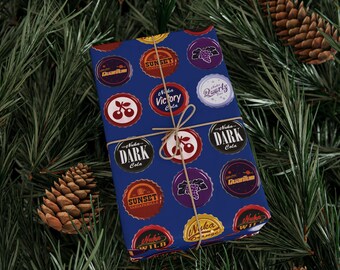 Retro Soda Cap Wrapping Paper, Vintage Gamer Gift Wrap, Sci-Fi Beverage Bottlecap Pattern, Matte Blue Gift Paper Roll