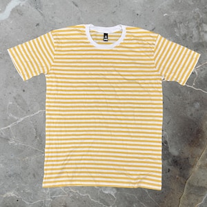 May include: Yellow and white striped t-shirt with a white crew neck. The short-sleeved shirt is made of a soft material and is laid flat on a gray surface. The shirt has a classic, casual style.
