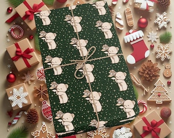 Coquette Bear Wrapping Paper, Dark Green Christmas Gift Wrap, Cute Holiday Bear Paper, Aesthetic Cottagecore Wrapping, Cozy Luxury Gift Wrap