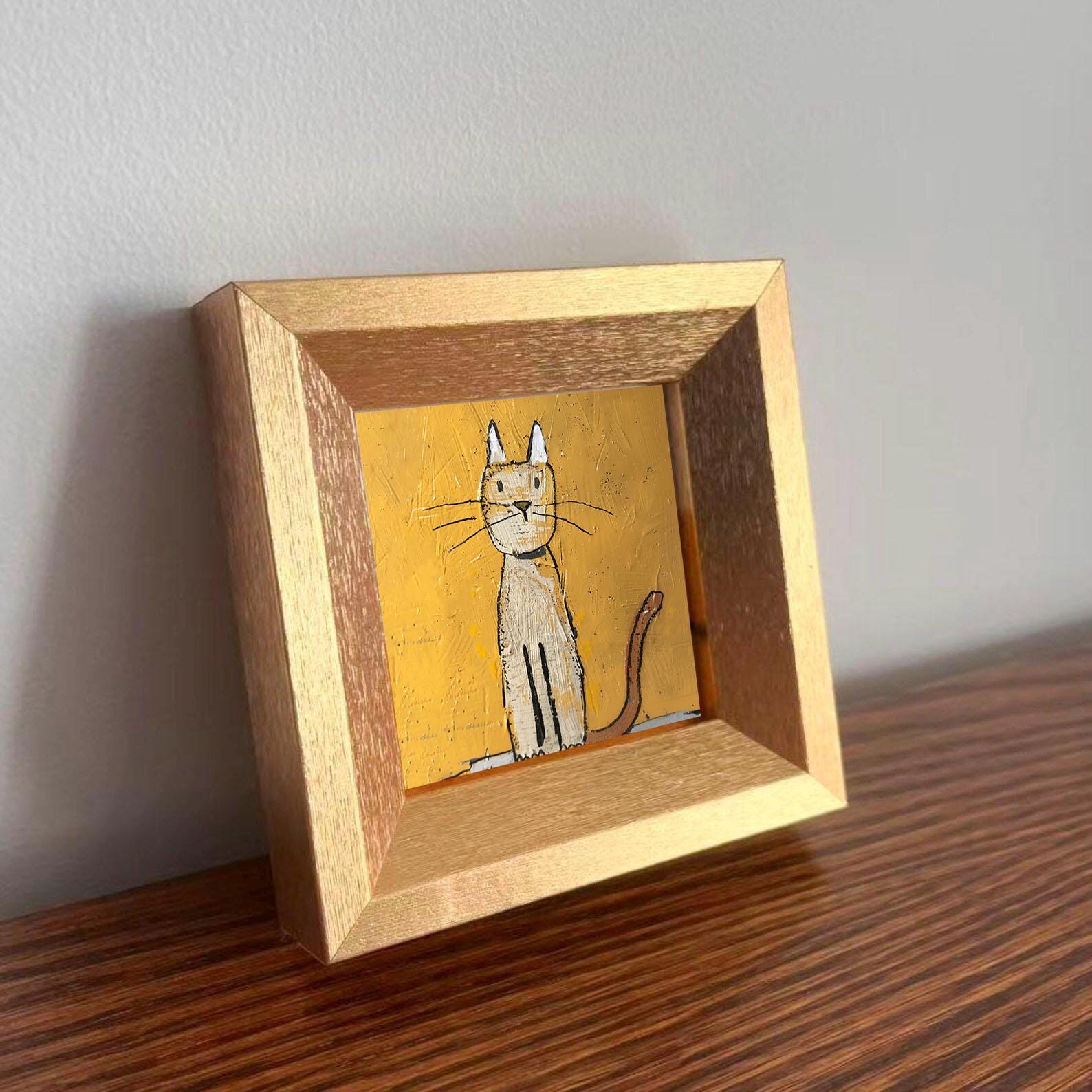 Mini Cat Oil Painting – Whimsical Cat Art on Gold Background – Small ...