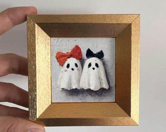 Mini coppia di fantasmi dipinto ad olio con cornice dorata, decorazione murale spettrale e stravagante, divertente decorazione per la casa per Halloween, regalo artistico per lui o per lei