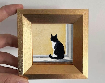 Mini gatto tuxedo visto di spalle alla finestra, dipinto ad olio, opera d'arte originale di un gattino, arte murale di animali dipinta a mano, regalo per gli amanti dei gatti, ritratto di animale domestico