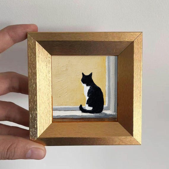 Mini Back View Tuxedo Cat At Window Oil Painting, Original Kitten Artwork, Hand Painted Animal Wall Art, Gift for Cats Lover,  Pet Portrait