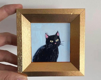 Mini Cute Black Cat Oil Painting, Hand-painted Cat Art, Small Wall Art, Cat Lover Gift, Cozy Home & Office Decor , Desk Decor,Animal Art