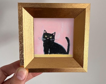 Mini Black Cat Oil Painting,Gold Framed Original Miniature Art,Tiny Cat Artwork,Whimsical Cat Wall Art Decor,Gift for Cat Lover,Cat Portrait