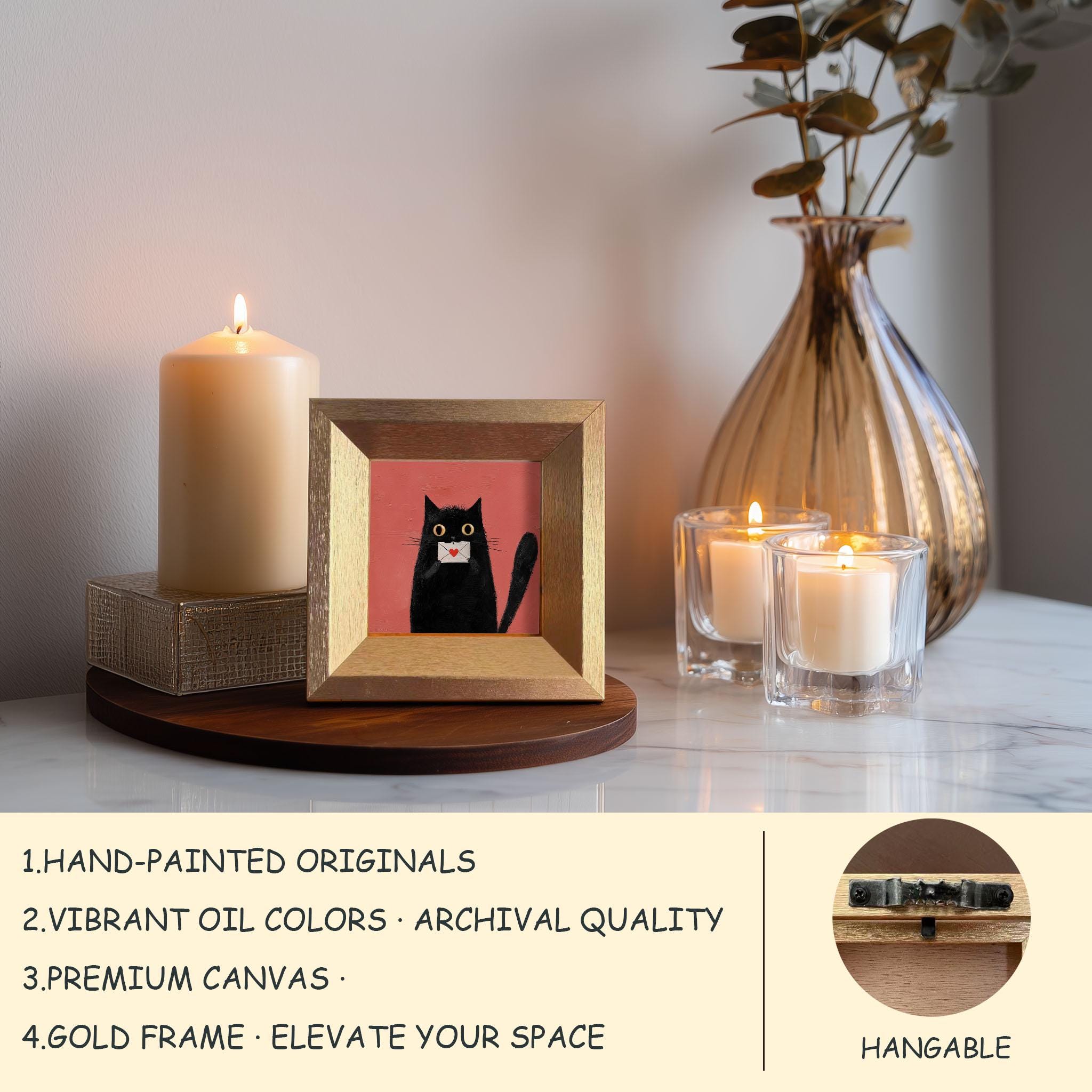 Mini Cat With Love Letter Oil Painting, Small Original Artwork, Gold ...