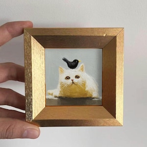 Mini Cat with Bird Oil Painting in Gold Frame,Hand-Painted Gift for Cat Lovers and Pet lovers,Small Wall Decor For Home,Office and Nursery
