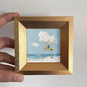 Mini Beach Oil Painting with Palm Trees in Gold Frame,Summer Coastal Wall Art Gift ,Small Ocean Landscape Decor For Home,Office and Nursery
