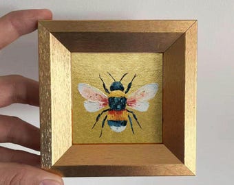 Mini Bee Oil Painting, Small Original Gold Leaf Artwork, Hand Painted Insect Wall Art, Nature Home Decor, Christmas Gift for Friends